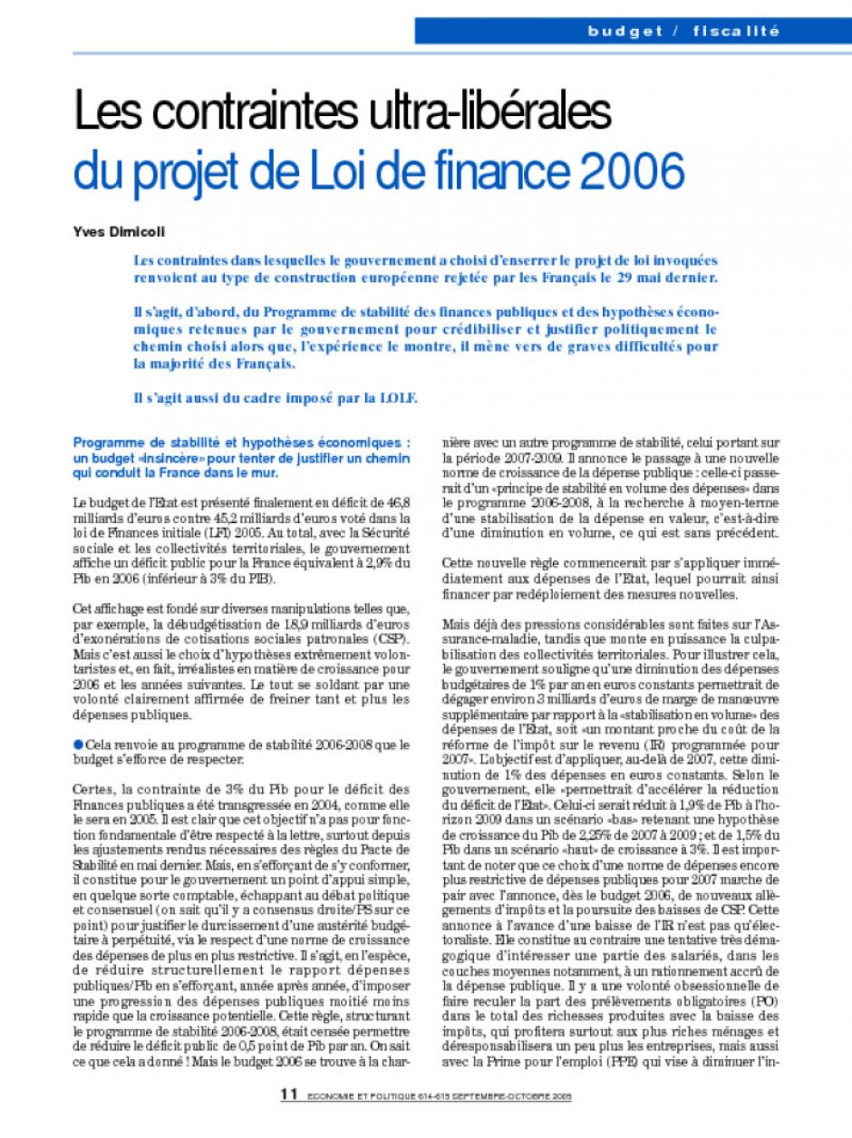 Les contraintes ultra-libérales  du projet de Loi de finance 2006