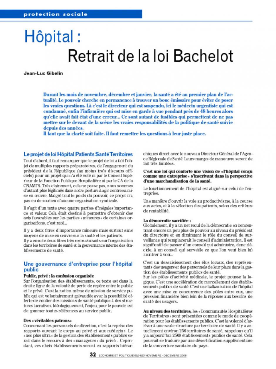 Hôpital : Retrait de la loi Bachelot