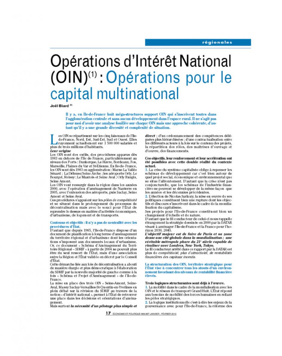 Opérations d’Intérêt National (OIN)(1) : Opérations pour le capital multinational