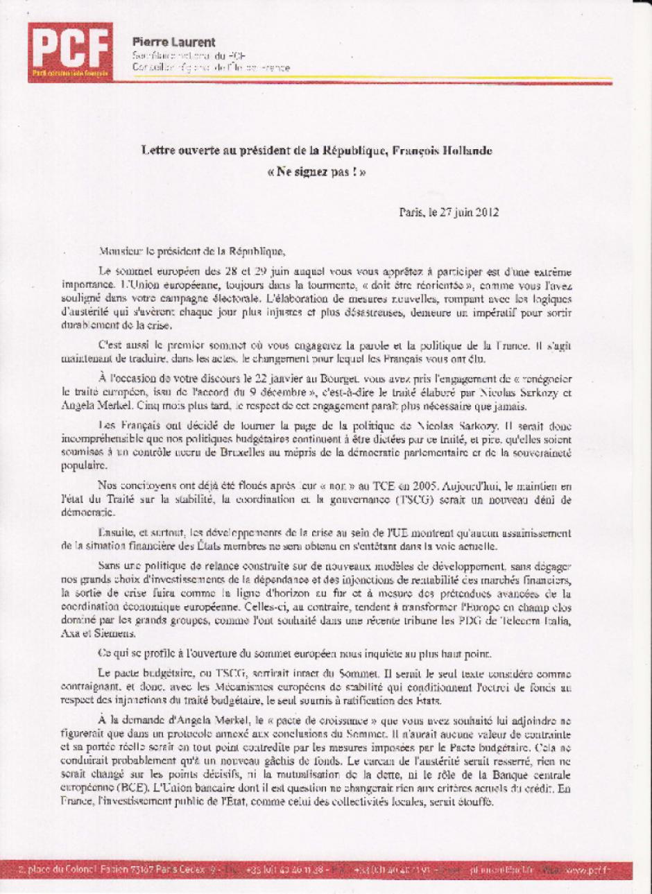 Lettre ouverte à François Hollande « Ne signez pas pour l'austérité ! »